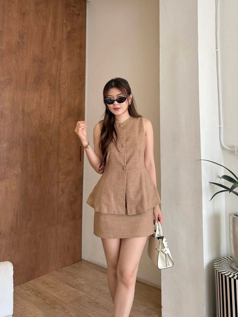 Summer Women Elegant Sleeves Peplum Vest With Skirt Sets